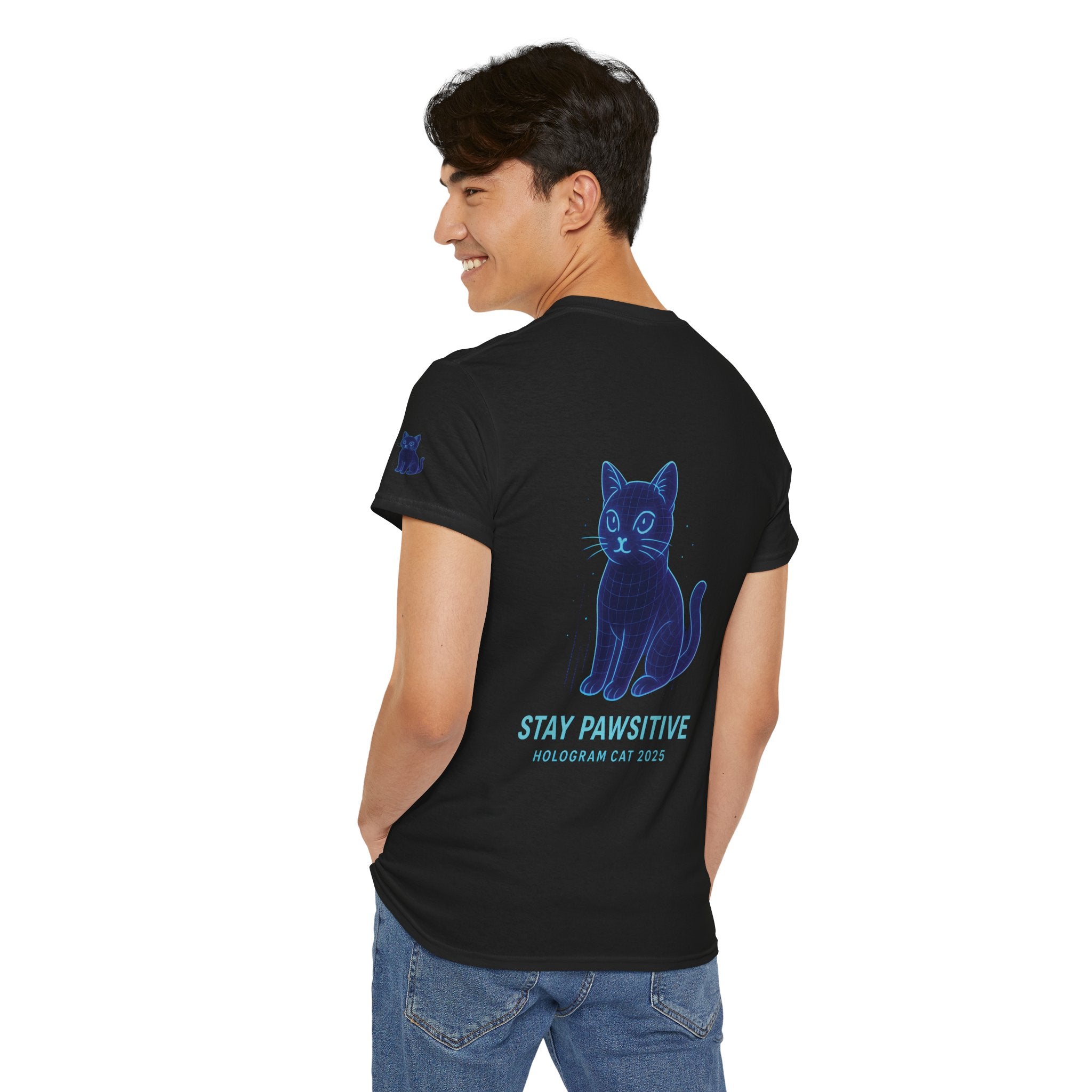 Stay Pawsitive – Hologram Cat 2025 | Unisex Heavy Cotton T-Shirt