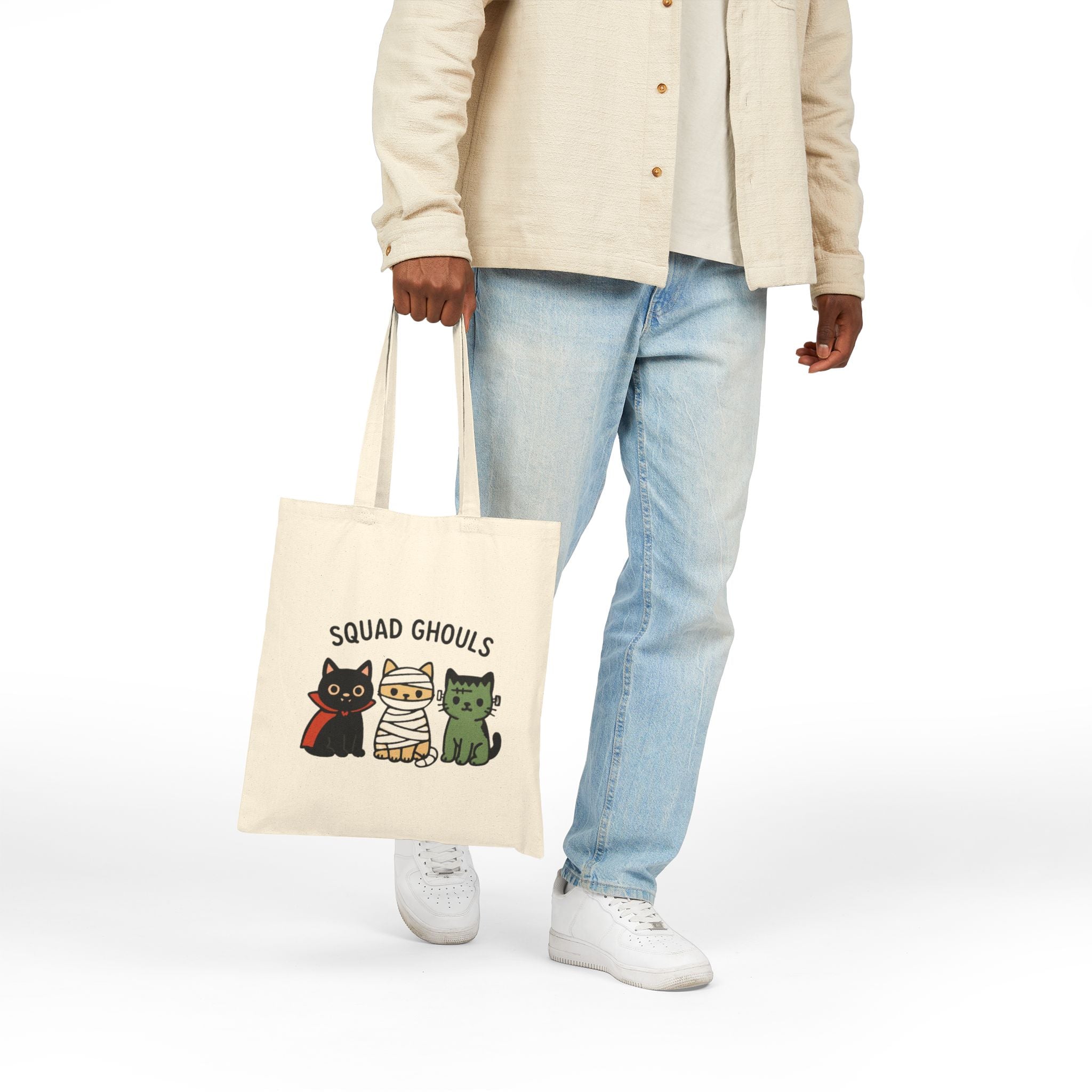 Halloween Squad Ghouls Tote Bag: Cute Cotton Bag for Cat Lovers & Spooky Vibes