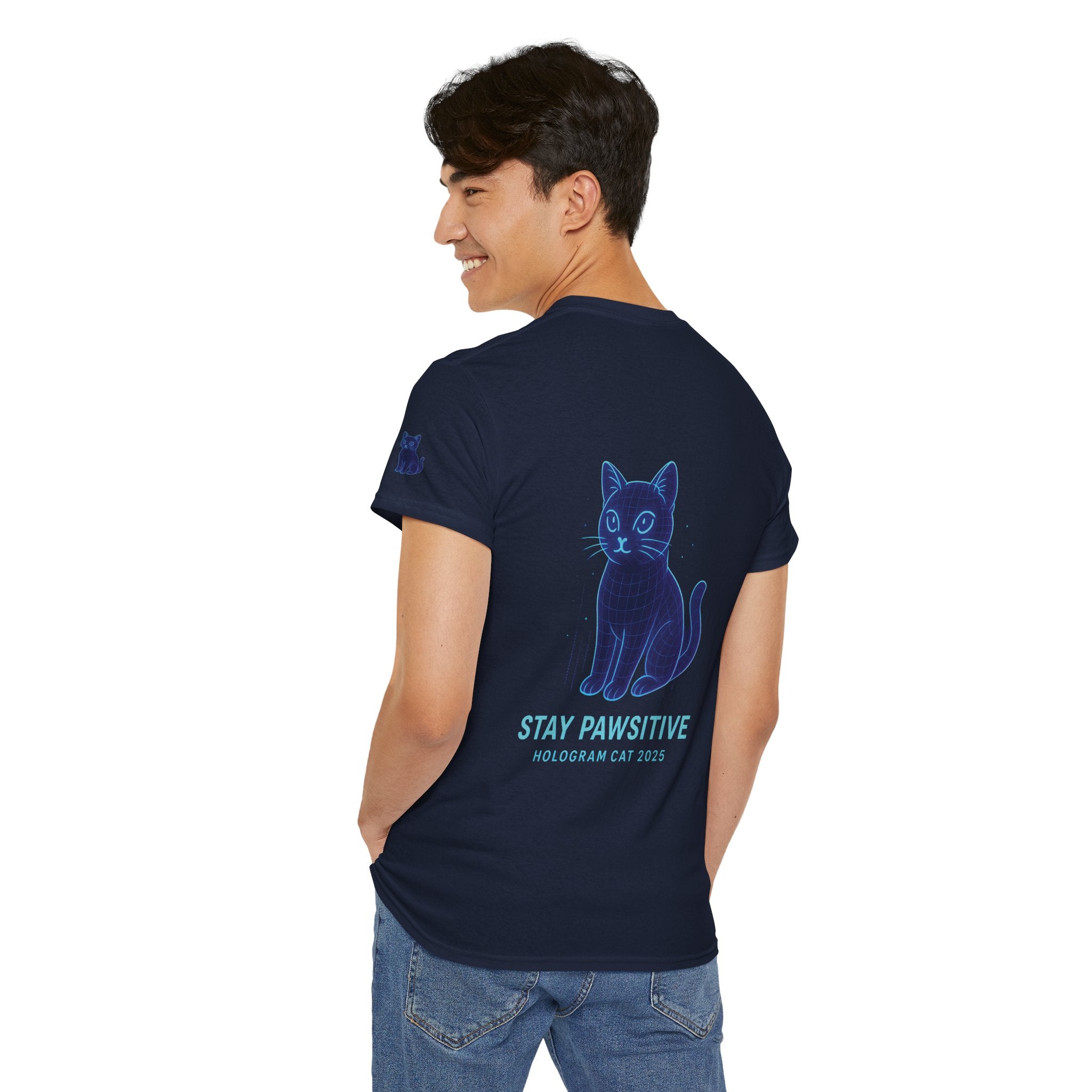 Stay Pawsitive – Hologram Cat 2025 | Unisex Heavy Cotton T-Shirt