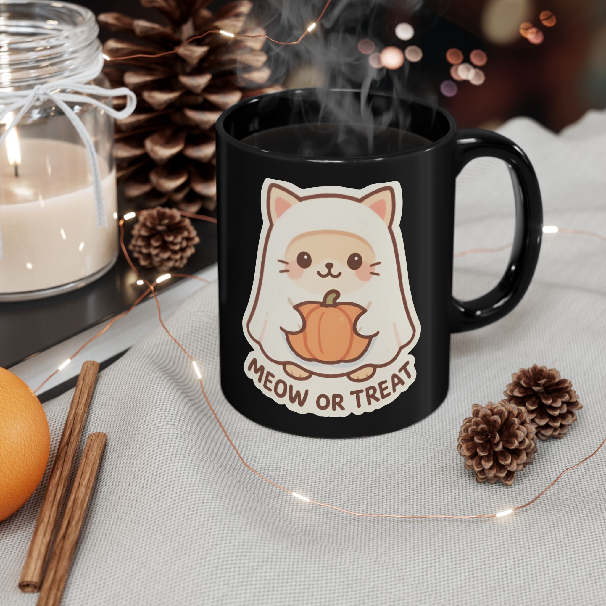 Taza de Halloween con golosinas para gatos: bonita taza de café negro, regalo espeluznante para amantes de los gatos y decoración otoñal.